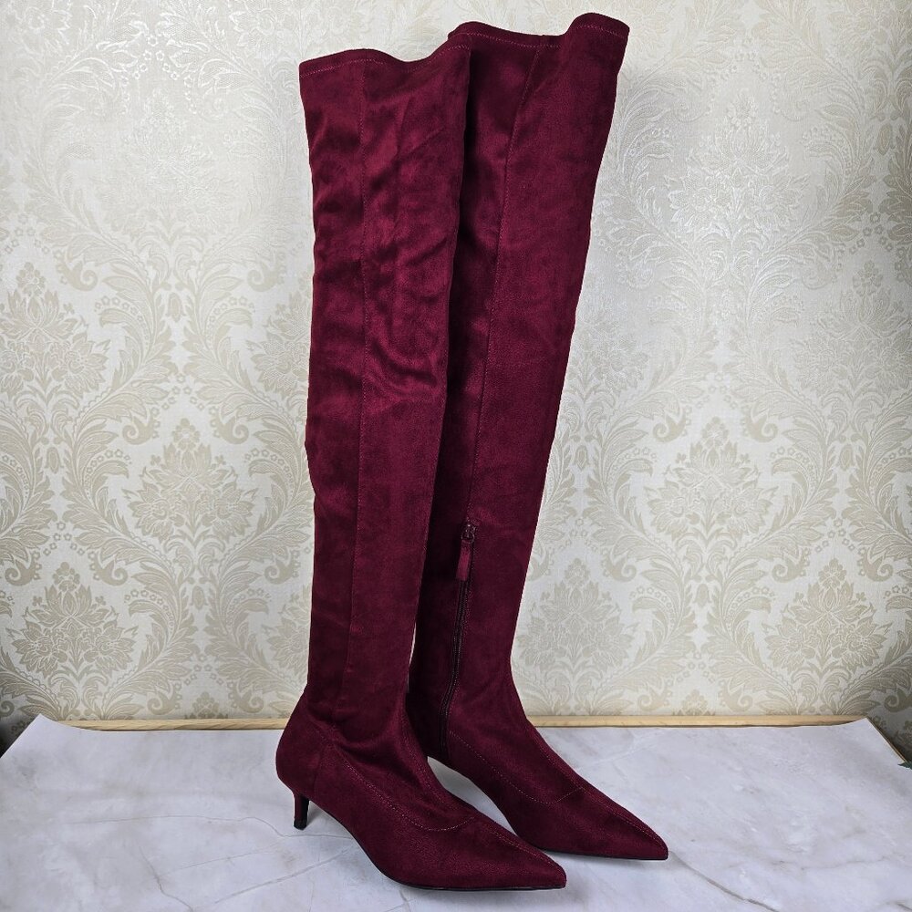 Zara Basic Collection Size 38 (US 7.5) Burgundy Over The Knee Boots Side Zip NWT